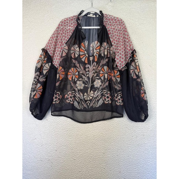 Tops - Blouse Womens XS Black Floral Tunic Balloon Sleeve Boho Whimsygoth Floral